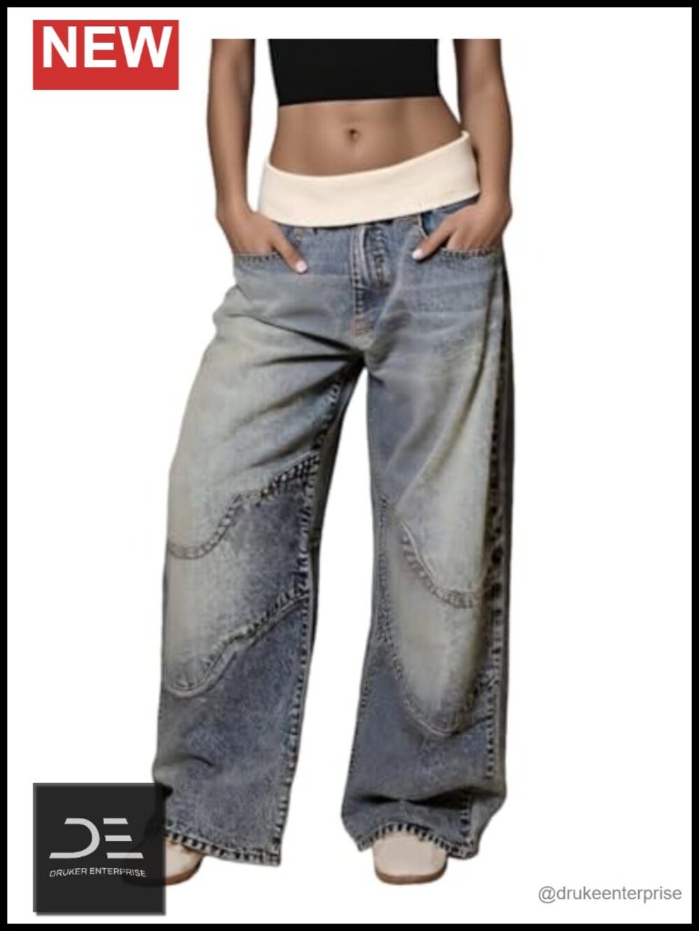 Women Baggy Cargo Jeans High Waist Patchwork Distressed Wide Leg Denim Pants